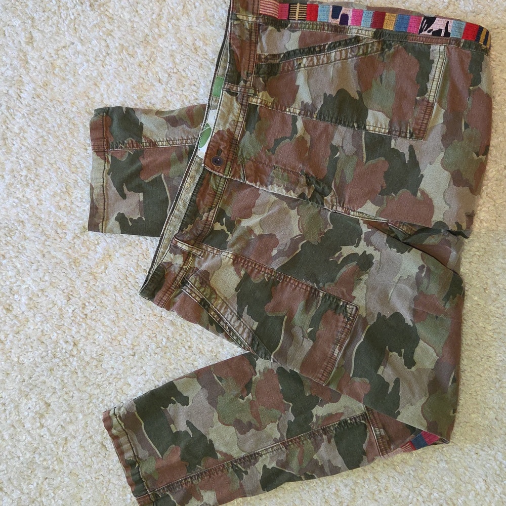 Anthropologie Green and Brown Camouflage Pants With Tribal Embroidery, Size 32 - Picture 4 of 11